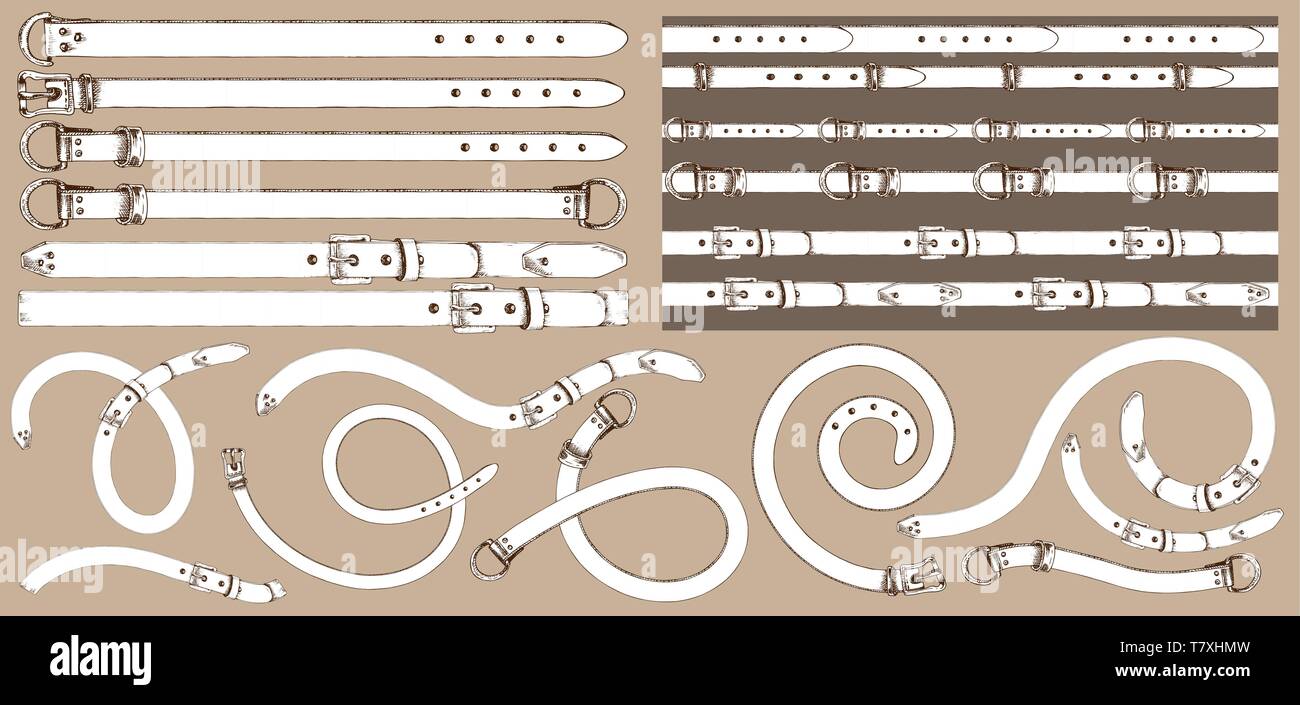 Set of brush patterns with retro hand-drawn sketch belt on white background. Drawing engraving texture Great design for fabric fashion, textile Stock Vector