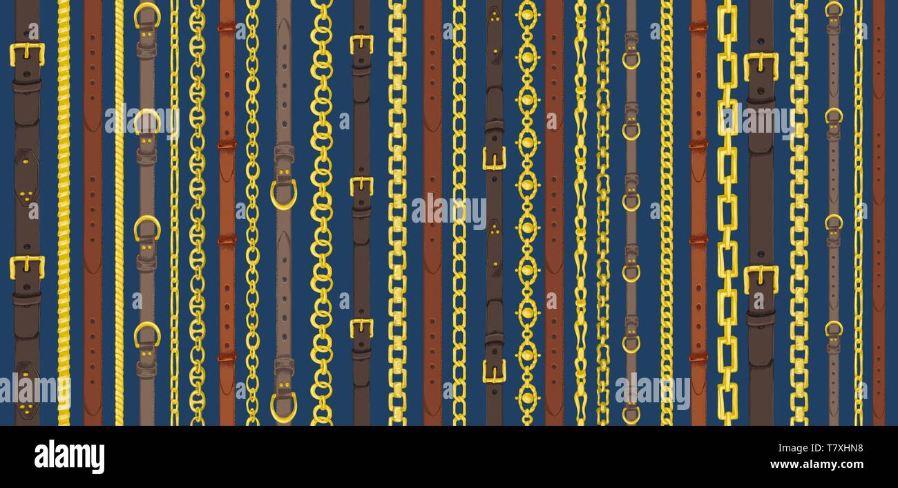 Seamless pattern with retro handdrawn sketch belts, chain on dark blue