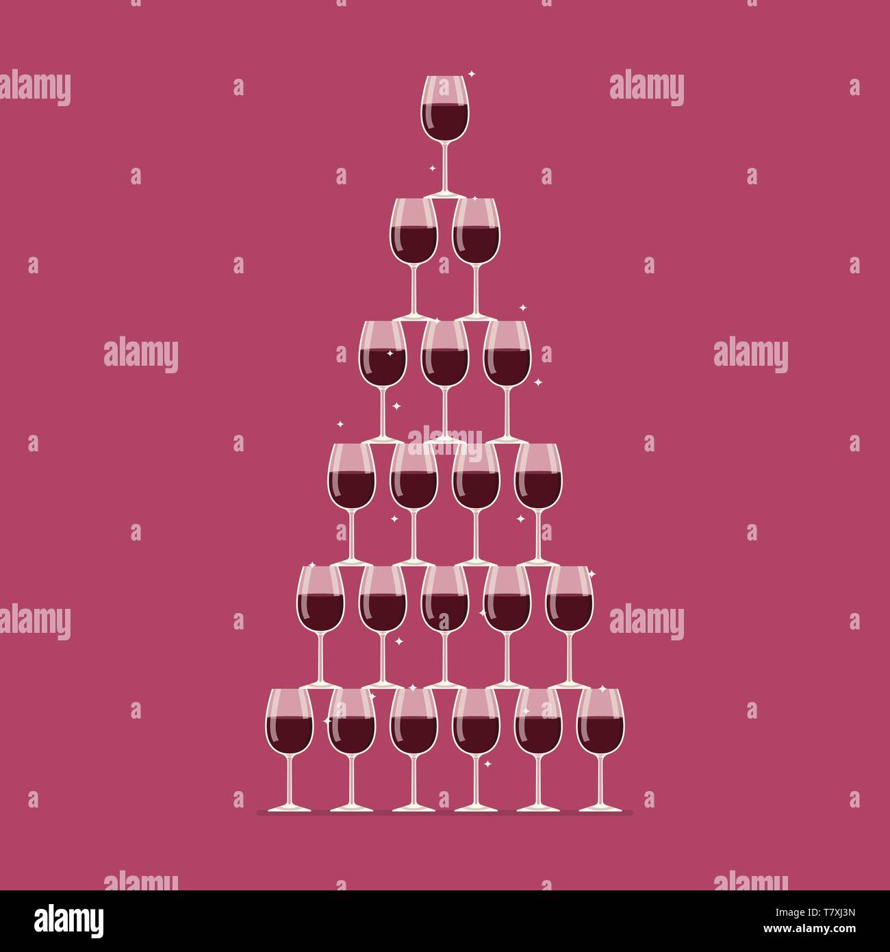 Wine glasses stacked in a pyramid tower. Vector illustration Stock Vector