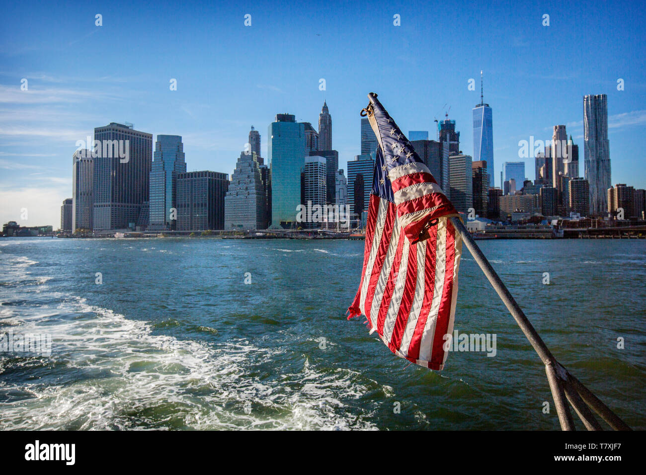The Financial District part of the Manhattan Skyline as seen from the East River Ferry. Stock Photo