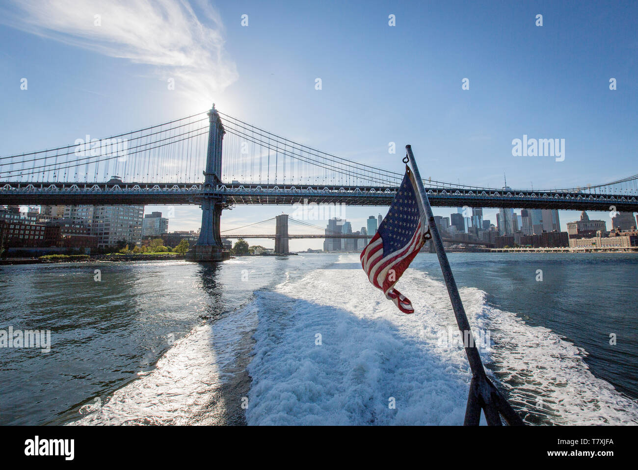 Onboard the East River Ferry, sailing from Downtown Manhattan to DUMBO, Williamsburg, Greenpoint and Hunters Point Stock Photo