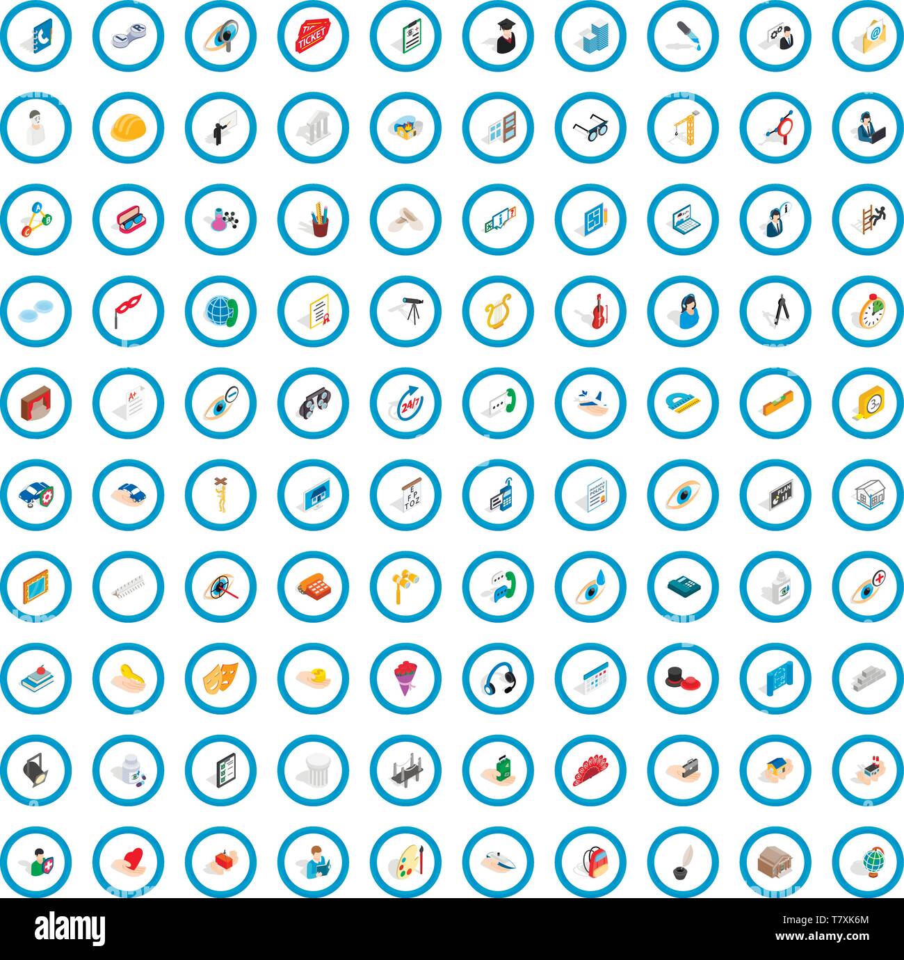100 work space icons set, isometric 3d style Stock Vector