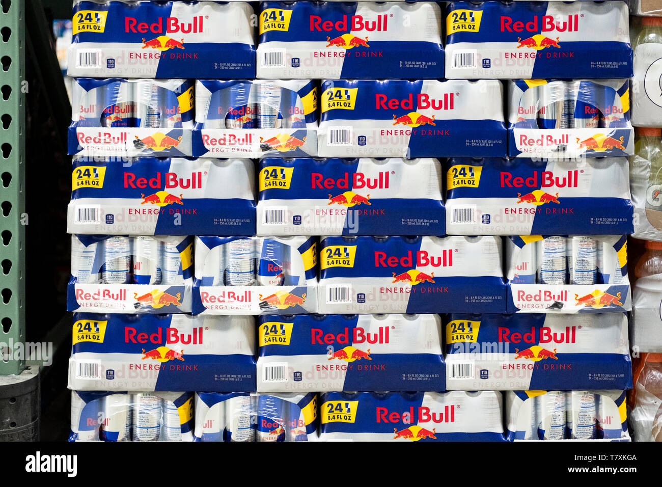 Cases of Red Bull energy Drink for sale at BJ's Wholesale Club in Whitestone, Queens, New York. Stock Photo