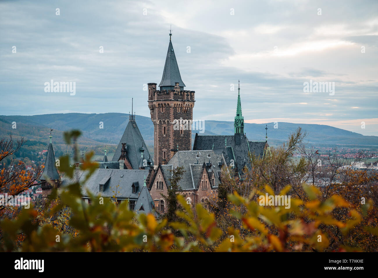 The historic castle in Wernigerode. Added to the Season autumn evening mood. Stock Photo
