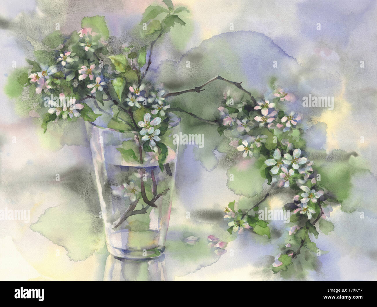 Apple Tree Branches Bloom In A Glass Vase Watercolor Background