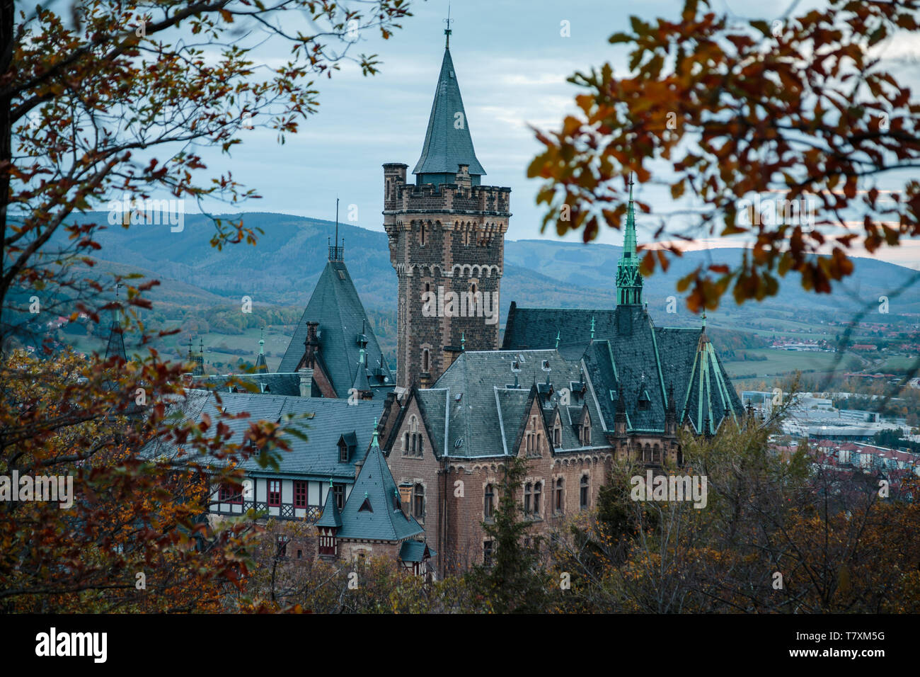 The historic castle in Wernigerode. Added to the Season autumn evening mood. Stock Photo