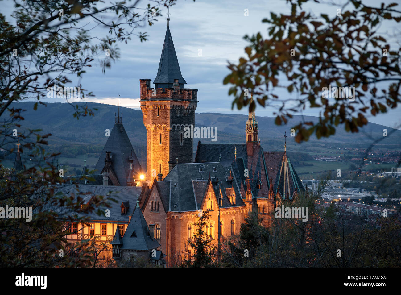 The historic castle in Wernigerode. Added to the Season autumn evening mood. Stock Photo