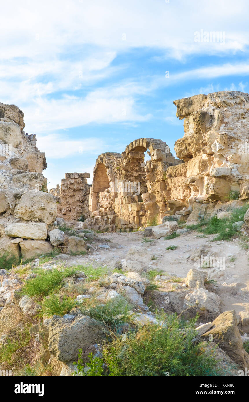 Ruins of ancient Greek city-state Salamis in Northern Cyprus captured on a vertical photo. The significant archaeological site is located near Famagusta in Turkish part of the beautiful island. Stock Photo