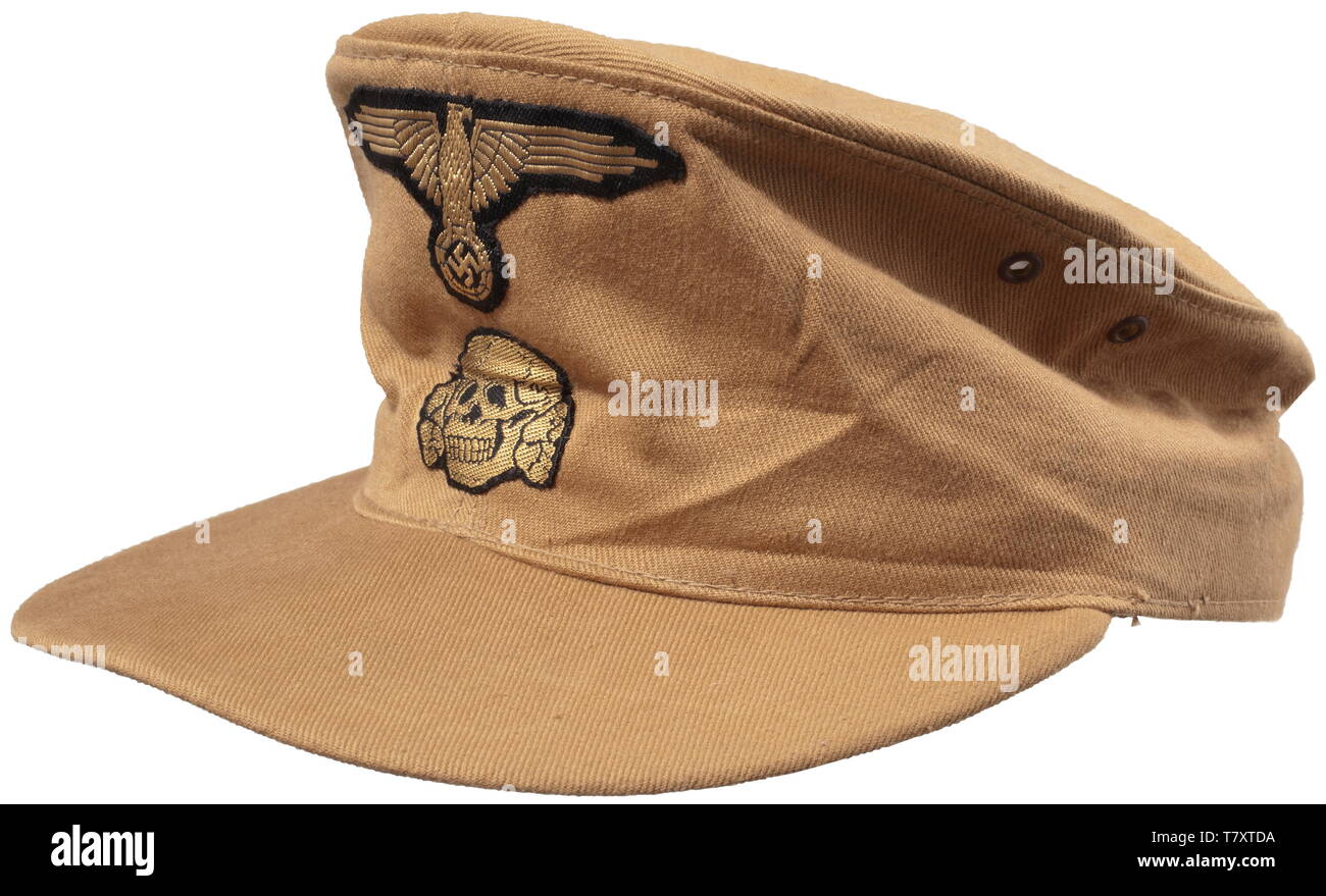 A field cap for the tropical uniform, made of sand-coloured cloth, with BeVo woven insigma (sand colour on black backing), the eagle is the issue for the sleeve, yet it is proven (also through photos) that caps were delivered with stitched-on sleeve eagles. The inside with size stamp '56'. historic, historical, 20th century, 1930s, 1940s, Waffen-SS, armed division of the SS, armed service, armed services, NS, National Socialism, Nazism, Third Reich, German Reich, Germany, military, militaria, utensil, piece of equipment, utensils, object, objects, stills, clipping, clipping, Editorial-Use-Only Stock Photo