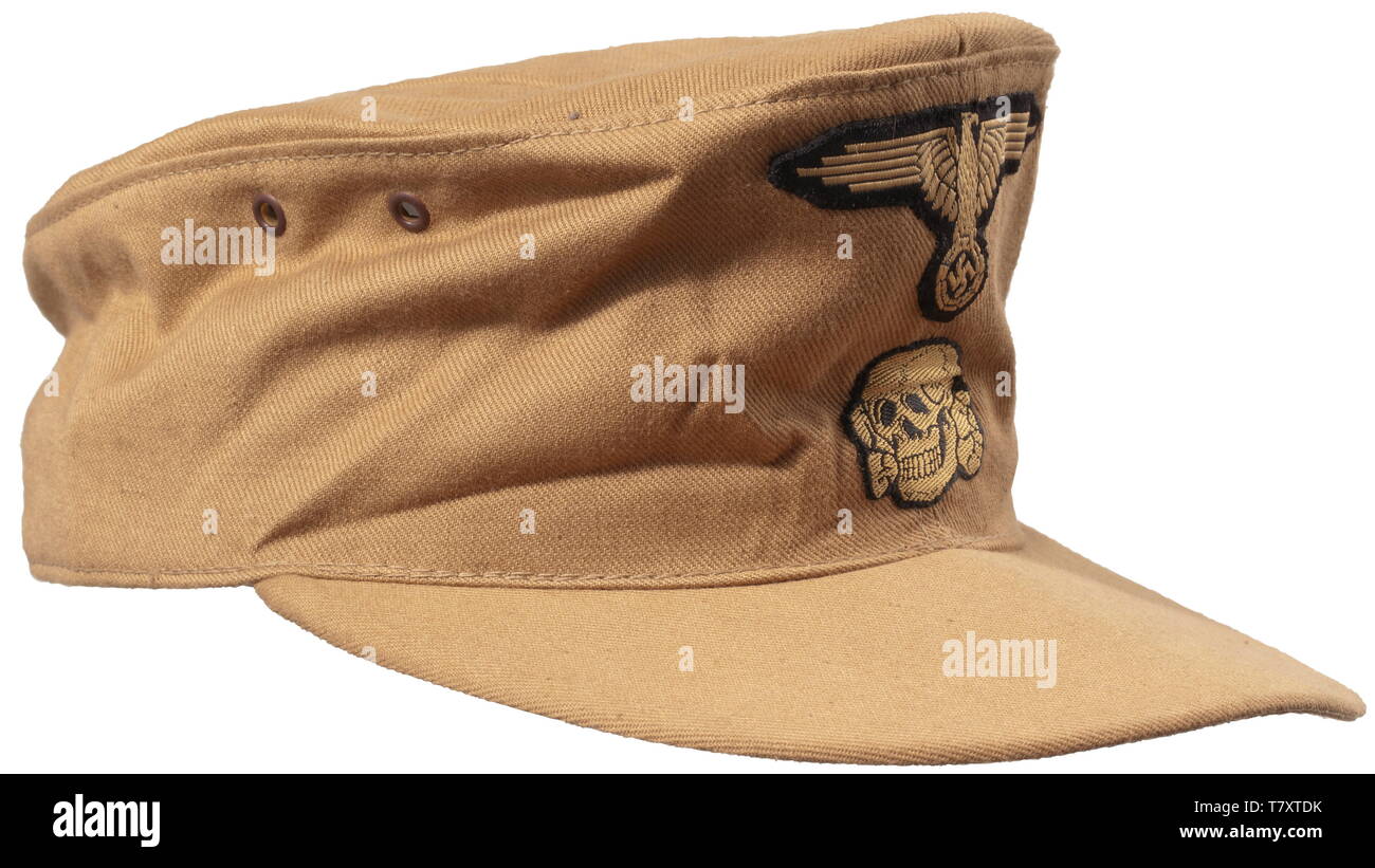 A field cap for the tropical uniform, made of sand-coloured cloth, with BeVo woven insigma (sand colour on black backing), the eagle is the issue for the sleeve, yet it is proven (also through photos) that caps were delivered with stitched-on sleeve eagles. The inside with size stamp '56'. historic, historical, 20th century, 1930s, 1940s, Waffen-SS, armed division of the SS, armed service, armed services, NS, National Socialism, Nazism, Third Reich, German Reich, Germany, military, militaria, utensil, piece of equipment, utensils, object, objects, stills, clipping, clipping, Editorial-Use-Only Stock Photo