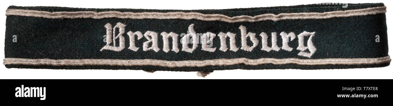 A sleeveband 'Brandenburg'. Machine-embroidered lettering on dark-green cloth. Length 46 cm. A very rare sleeveband, which was introduced in 1944 for members of the Panzergrenadier Division. historic, historical, mechanised infantry, mechanized infantry, branch of service, branches of service, armed service, armed services, military, militaria, private, privates, uniform, uniforms, utensil, piece of equipment, utensils, clothes, NS, National Socialism, Nazism, Third Reich, German Reich, army, Wehrmacht, forces, object, objects, stills, clipping, clippings, cut out, cut-out,, Editorial-Use-Only Stock Photo