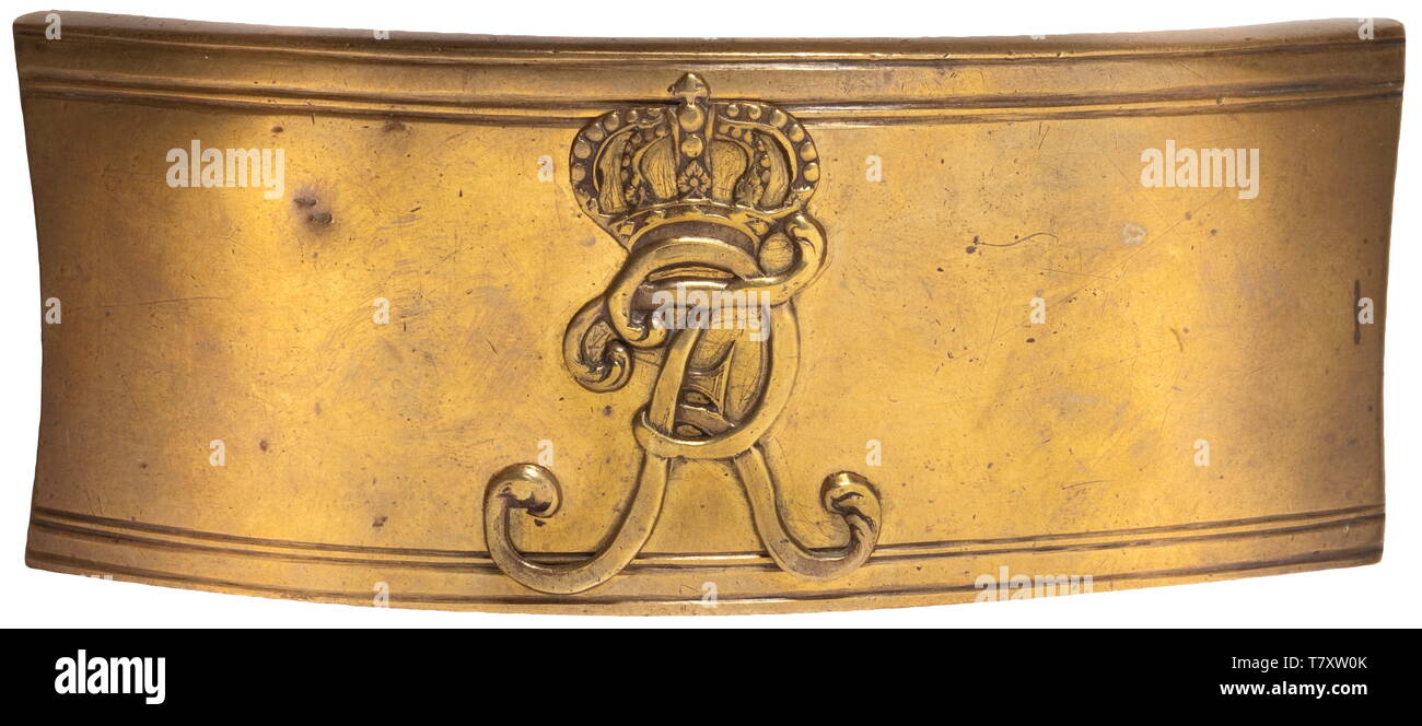 A belt buckle for foresters from the time of Frederick the Great. Solid brass, convex with applied crowned cipher 'FR'. A very rare equipment article from the Frederician period. historic, historical, Prussian, Prussia, German, Germany, militaria, military, object, objects, stills, clipping, clippings, cut out, cut-out, cut-outs, 20th century, 19th century, Additional-Rights-Clearance-Info-Not-Available Stock Photo