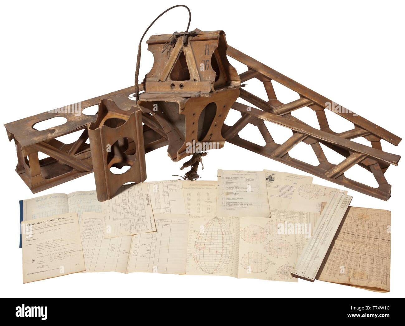 The estate of a naval airship crew member. Original remnants of the wooden frame from a Schütte-Lanz airship (probably SL 4): five supports of filigreed plywood construction, two with triangular cross-section (one inscribed 'R 26'), two with flat and one with rectangular cross-section. Included is a folder with documentation on airships of the Nordholz airship base, among which are construction sketches and an inventory list for the SL 4, flight record 20th century, Editorial-Use-Only Stock Photo