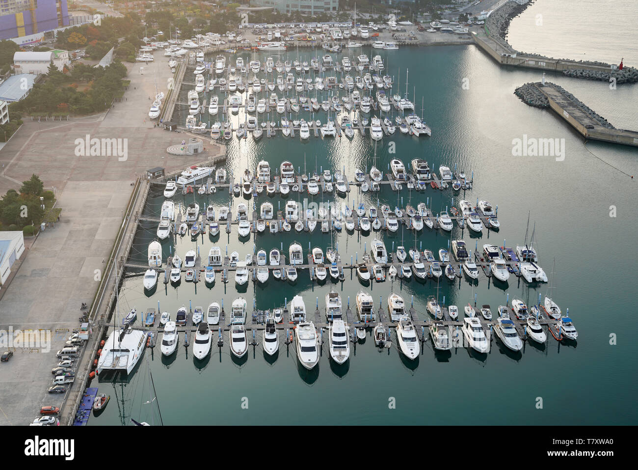Yatch harbor marina pier and boat dock yatchs and vessels awaiting the open sea. Aerial drone view looking straight down above T-Head. Stock Photo