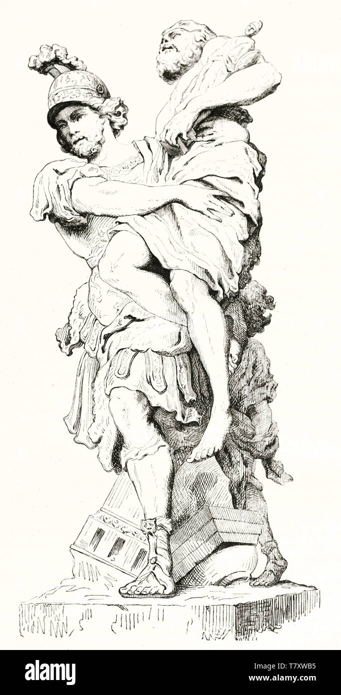 Reproduction of an ancient statue depicting Aeneas carrying in his arms his father Anchise. isolated element on white. After Lepautre publ. on Magasin Pittoresque Paris 1848 Stock Photo