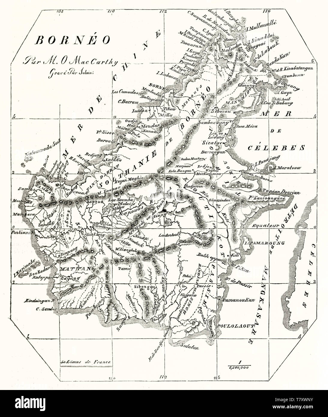 Old map of Borneo island on an ancient slightly yellowed paper. By unidentified author publ. on Magasin Pittoresque Paris 1848 Stock Photo