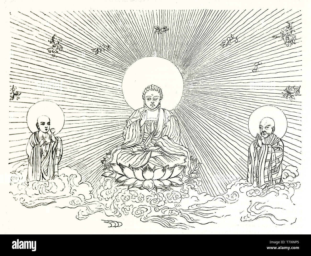 Ancient Outline Illustration Depicting Buddha Sitting On The Lotus Between Two Holy Men Behind To Him A Sun Releases Light All Around Publ On Magasin Pittoresque Paris 1848 Stock Photo Alamy
