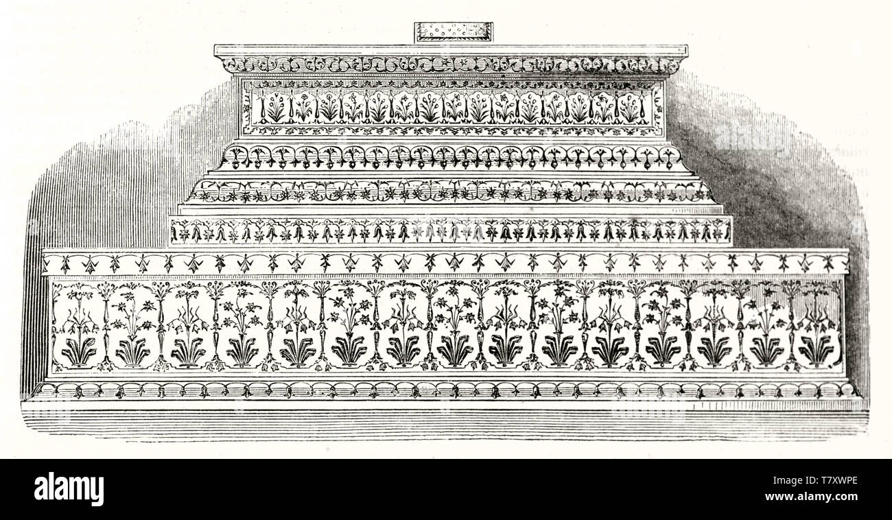 Old illustration of Shah Jehan cenotaph in Taj Mahal Agra India. Front view of the monument richly decorarted with arabian decorations. By Catenacci publ. on Magasin Pittoresque Paris 1848 Stock Photo