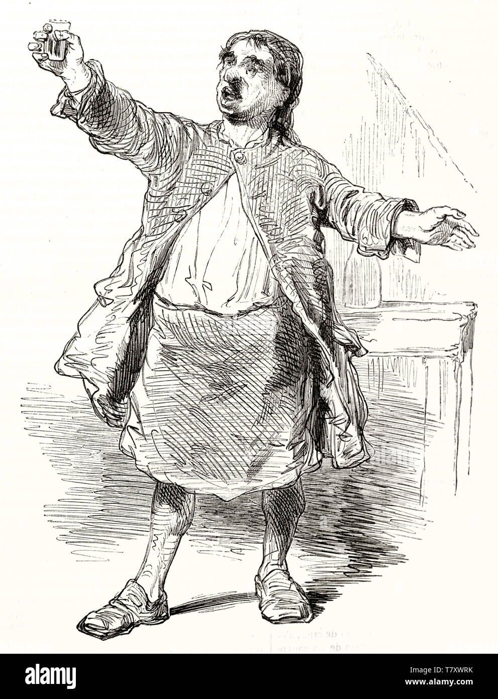Old rough style illustration depicting the king of drunkards, full body displayed and holding a glass in a classic drunk man pose. By Gavarni publ. on Magasin Pittoresque Paris 1848 Stock Photo