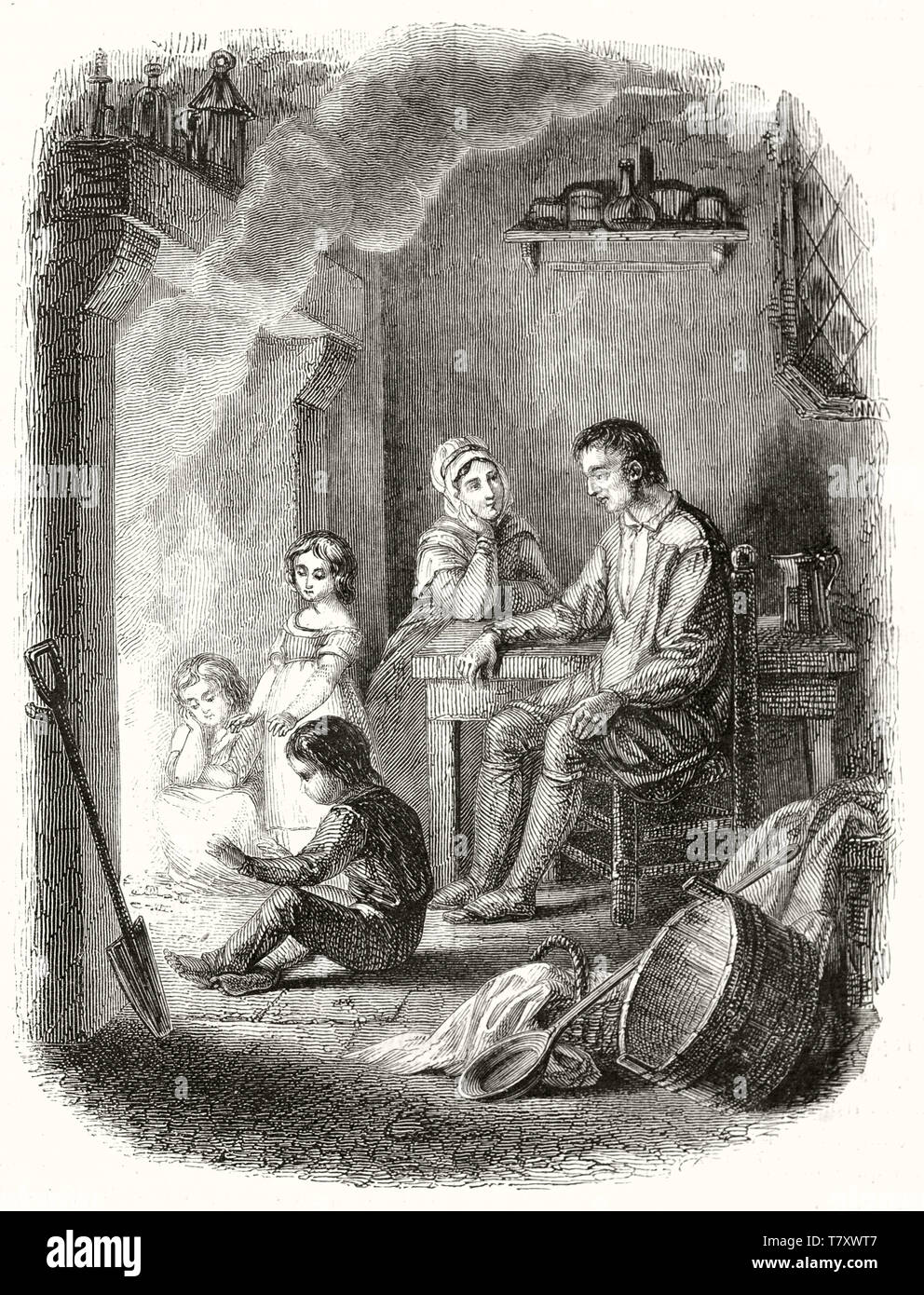 Ancient poor sad man seated on a chair indoor in the evening with his family in front a fireplace after a working day. By unidentified author publ. on Magasin Pittoresque Paris 1848 Stock Photo