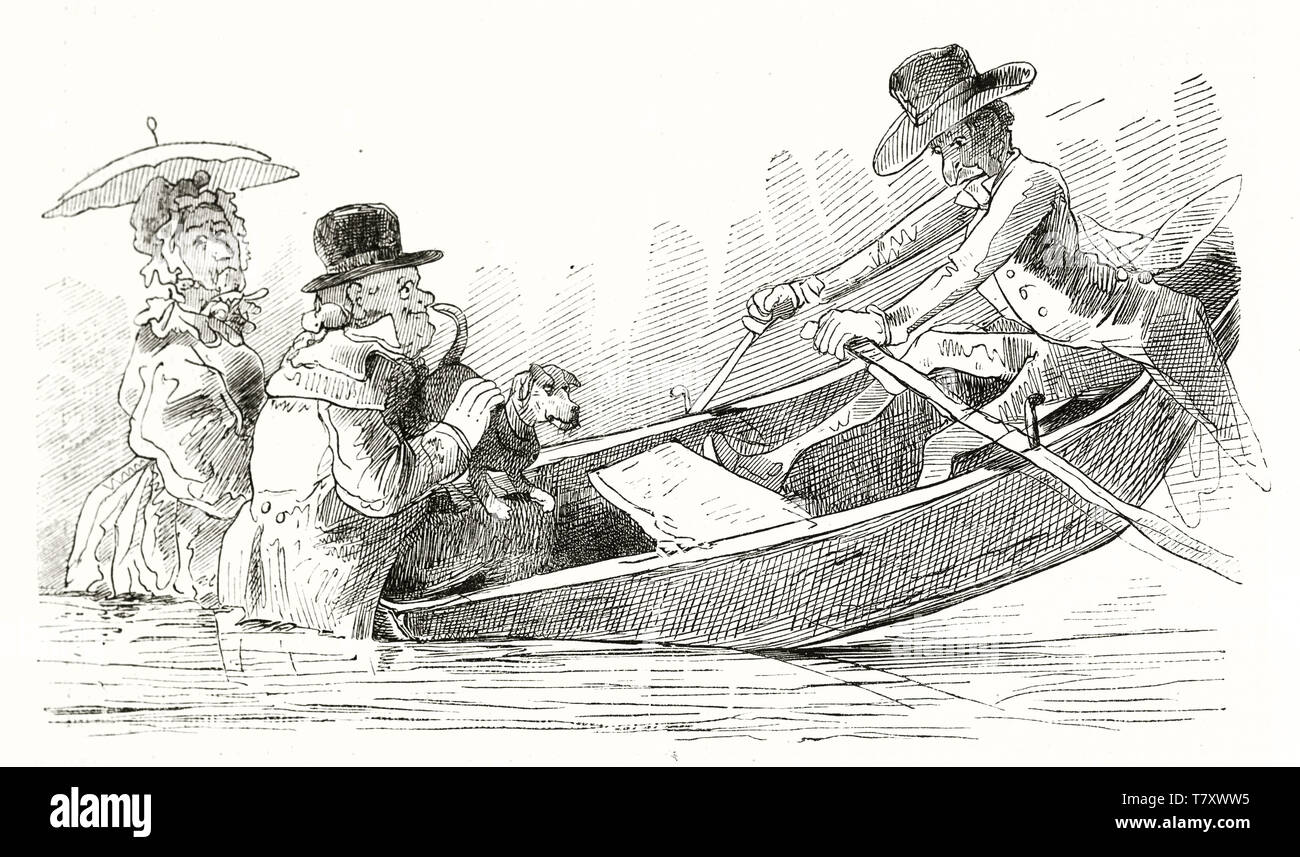 Heavy man compromises the balance of a boat, making it sinking under water. A lady is seated close to him and a man try to row. Old humorous illustration by Topffer, Magasin Pittoresque Paris 1848 Stock Photo
