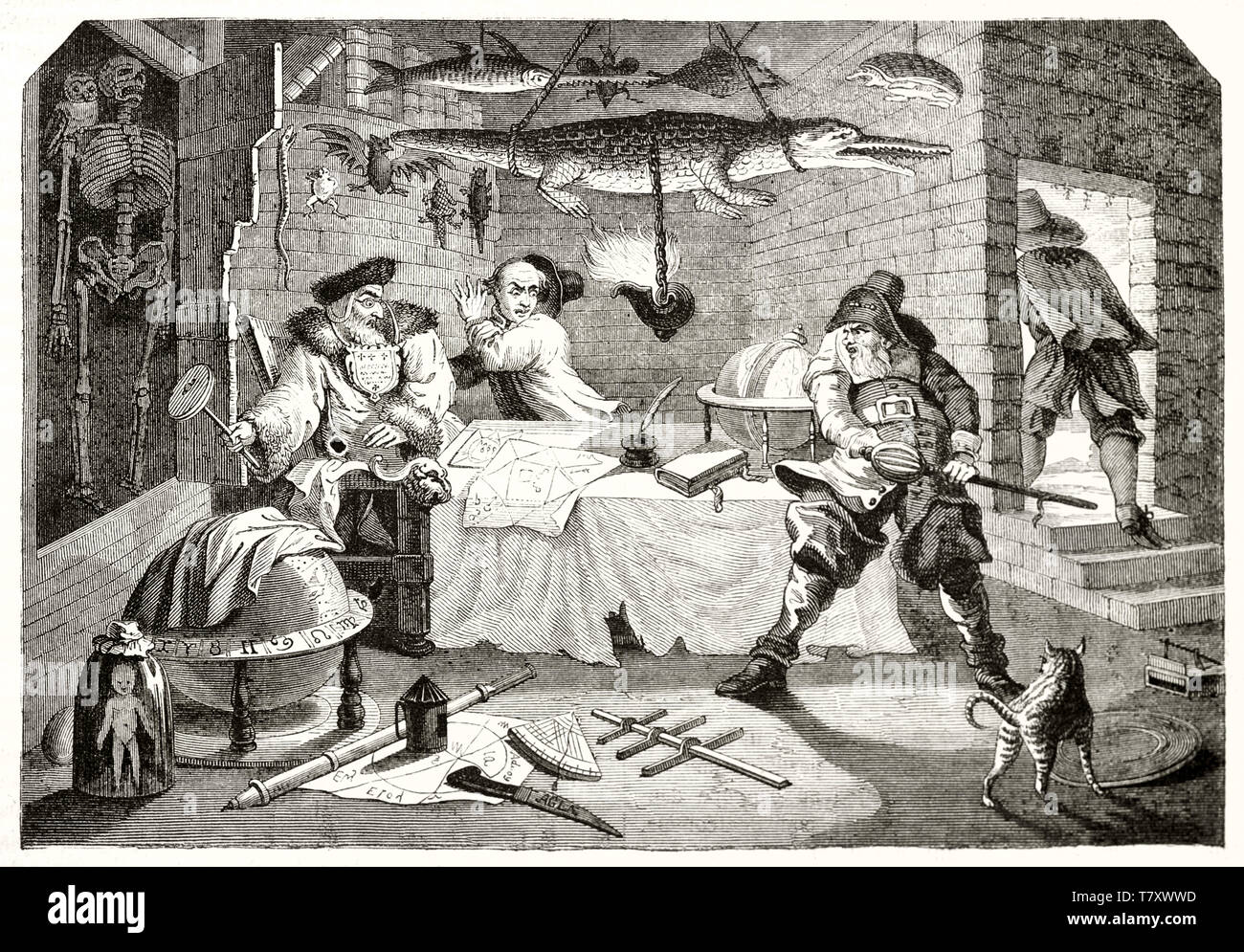Scene of the mock heroic poem Hudibras (Hudibras in the house of Sidrophel sorcerer). After Hogarth publ. on Magasin Pittoresque Paris 1848 Hudibras Stock Photo