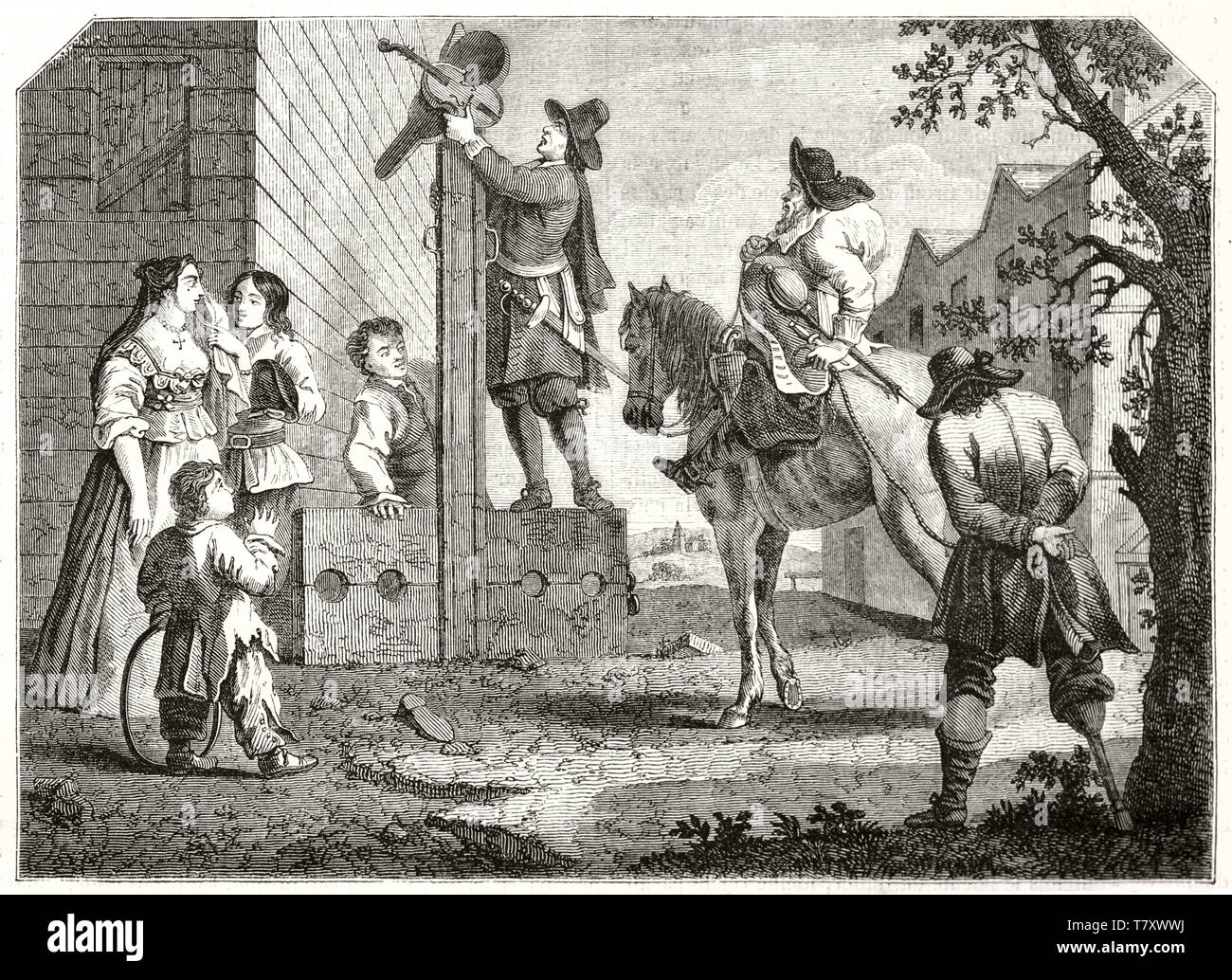 Ancient prisoner conducted to the pillory outddoor. Old illustration of a scene from Hudibras poem (prisoner Crodero conducted to the pillory). By Hogarth, Magasin Pittoresque Paris 1848 Stock Photo