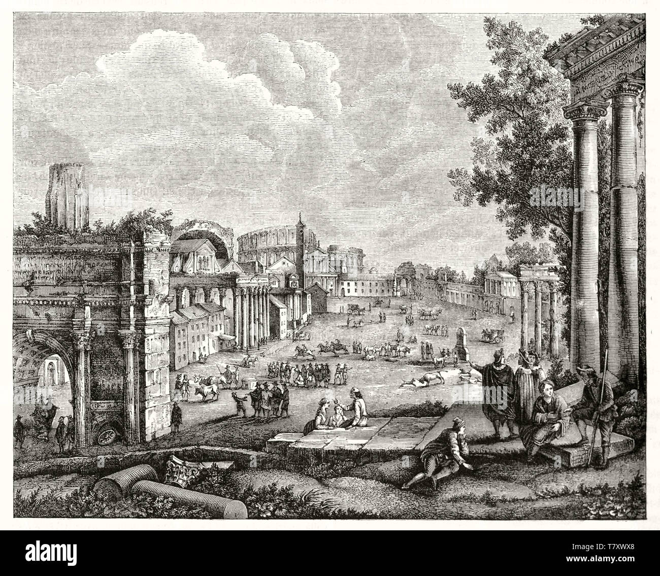 Panoramic view of the ruins of imperial roman forum in the middle ages, depicted in grayscale etching style. Campo Vaccino Imperial forum in Rome. Magasin Pittoresque Paris 1848 Stock Photo