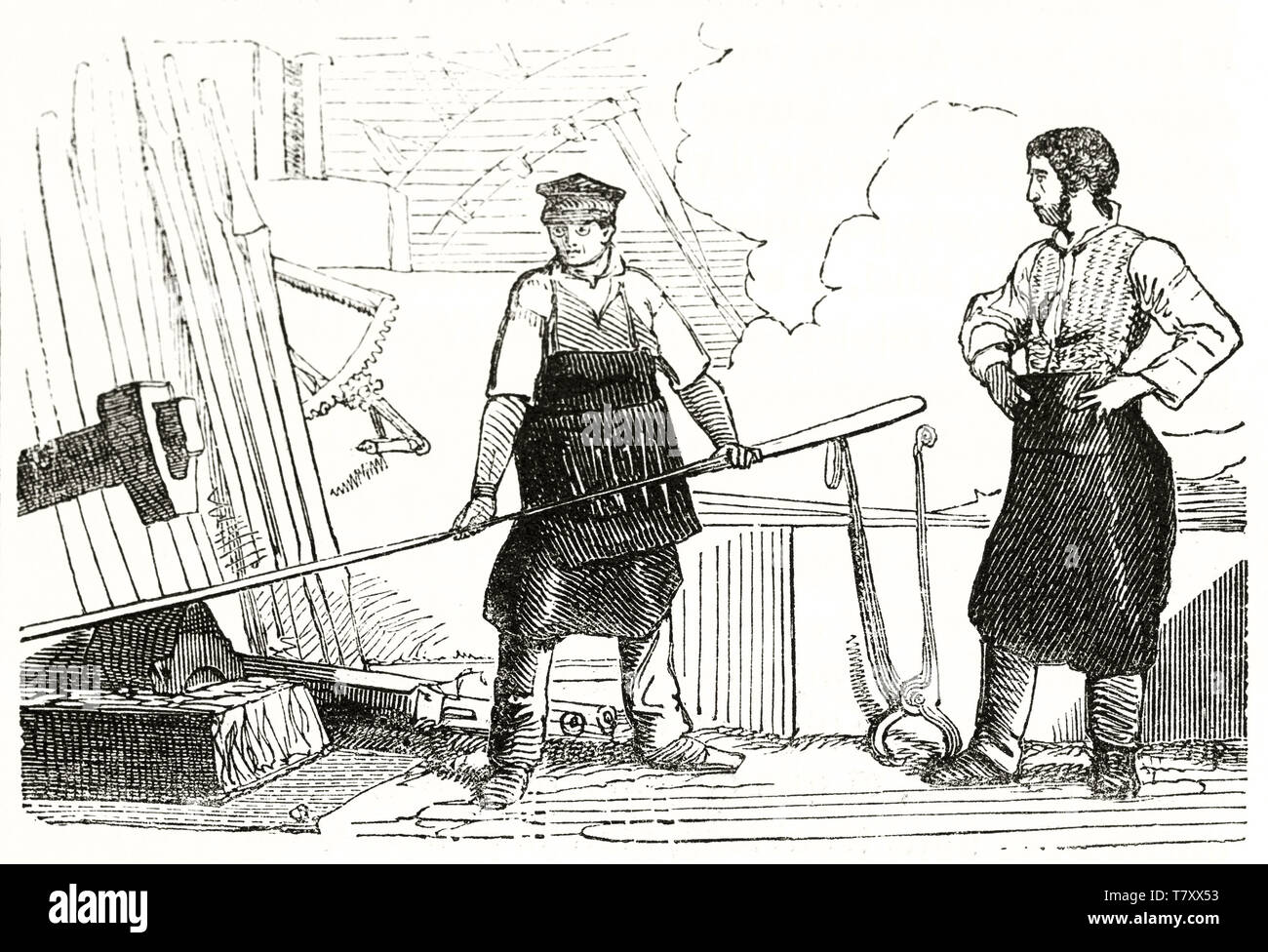 Two men using machines in an ancient foundery. Ancient grayscale etching style illustration by unidentified author publ. on Magasin Pittoresque Paris 1848 Iron production quater Stock Photo