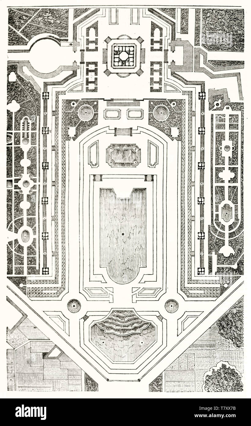 Old detailed planimetry of Chateau de Marly gardens France. Ancient elegant etching style illustration by unidentified author publ. on Magasin Pittoresque Paris 1848 Stock Photo