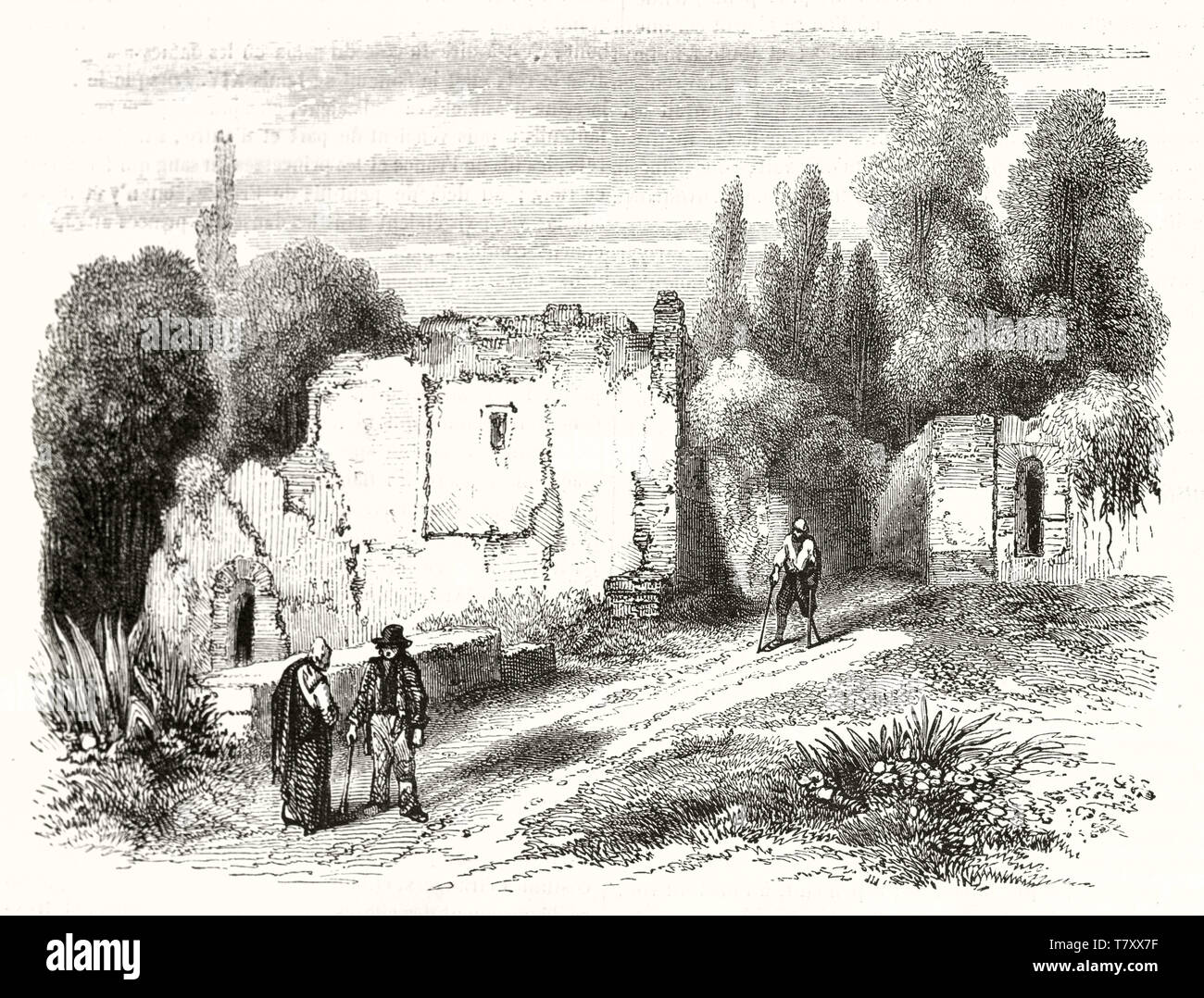 Ancient ruins in Marly country surroundings France. Etching style grayscale illustration with textures made by hatching. By unidentified author publ. on Magasin Pittoresque Paris 1848 Stock Photo