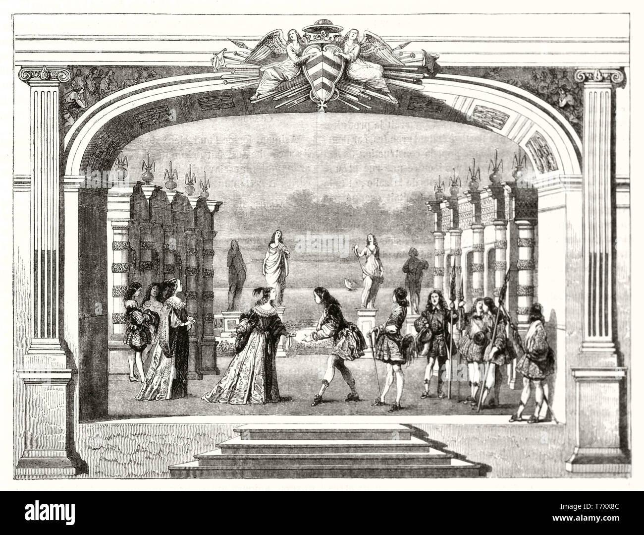 Ancient actors playing on stage the theatrical representation of Mirame  tragedy written by Cardinal Richelieu. Illustration after La Belle publ. on  Magasin Pittoresque Paris 1848 Stock Photo - Alamy