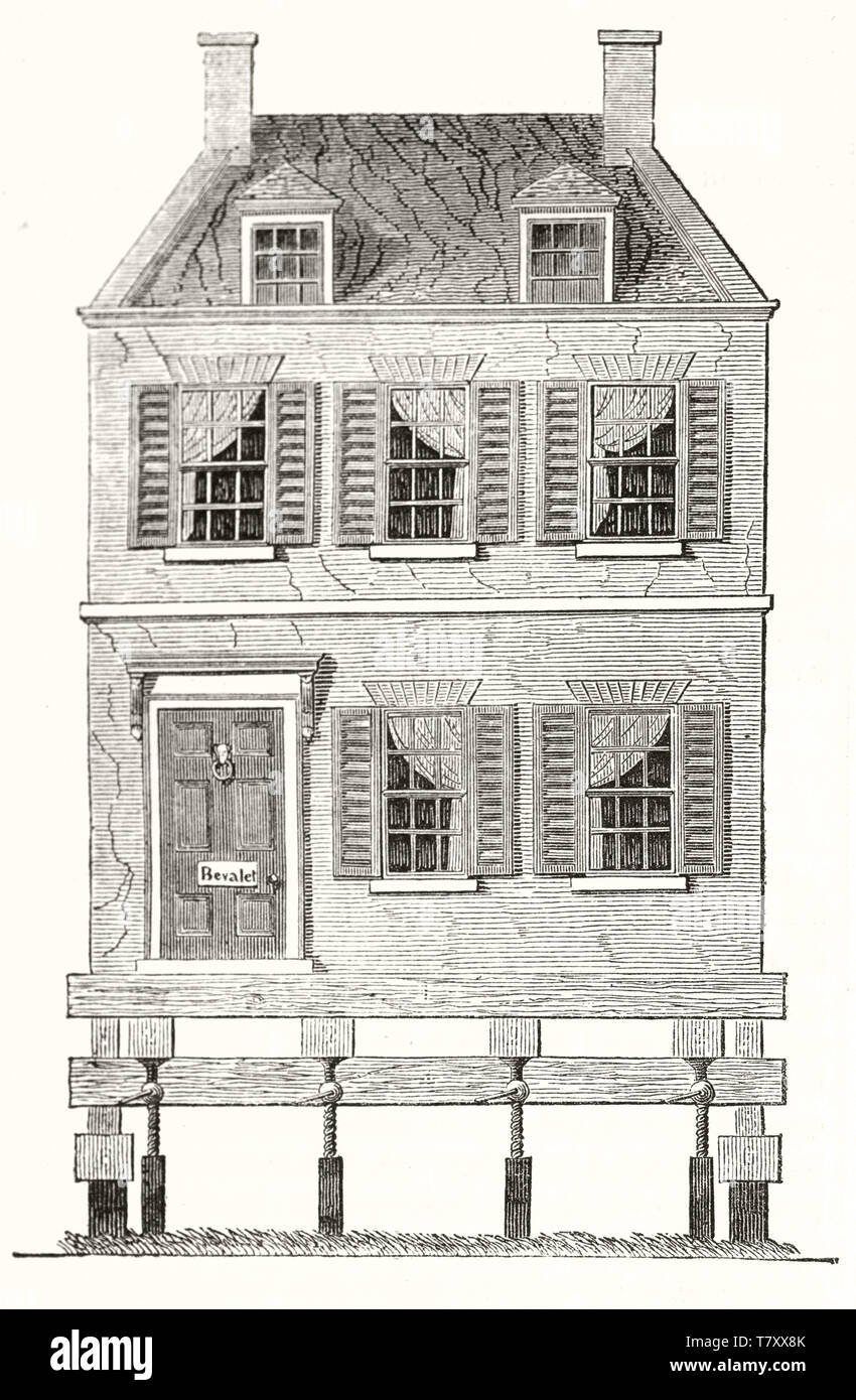 Front facade of a house builded on a wooden platform allowing the motion. Old illustration of mobile home in the United States. By unidentified author publ. on Magasin Pittoresque Paris 1848 Stock Photo