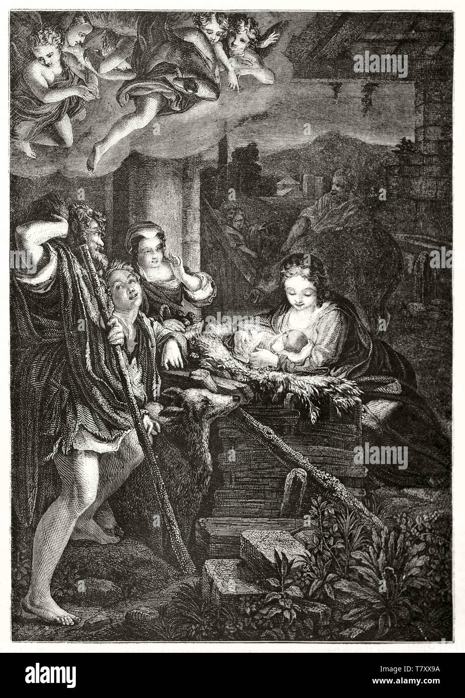 Nativity of Jesus depicted with ancient etching style rich of hatching to give the feel of dark shadows and little light from the holy child. After Correggio publ. on Magasin Pittoresque Paris 1848 Stock Photo