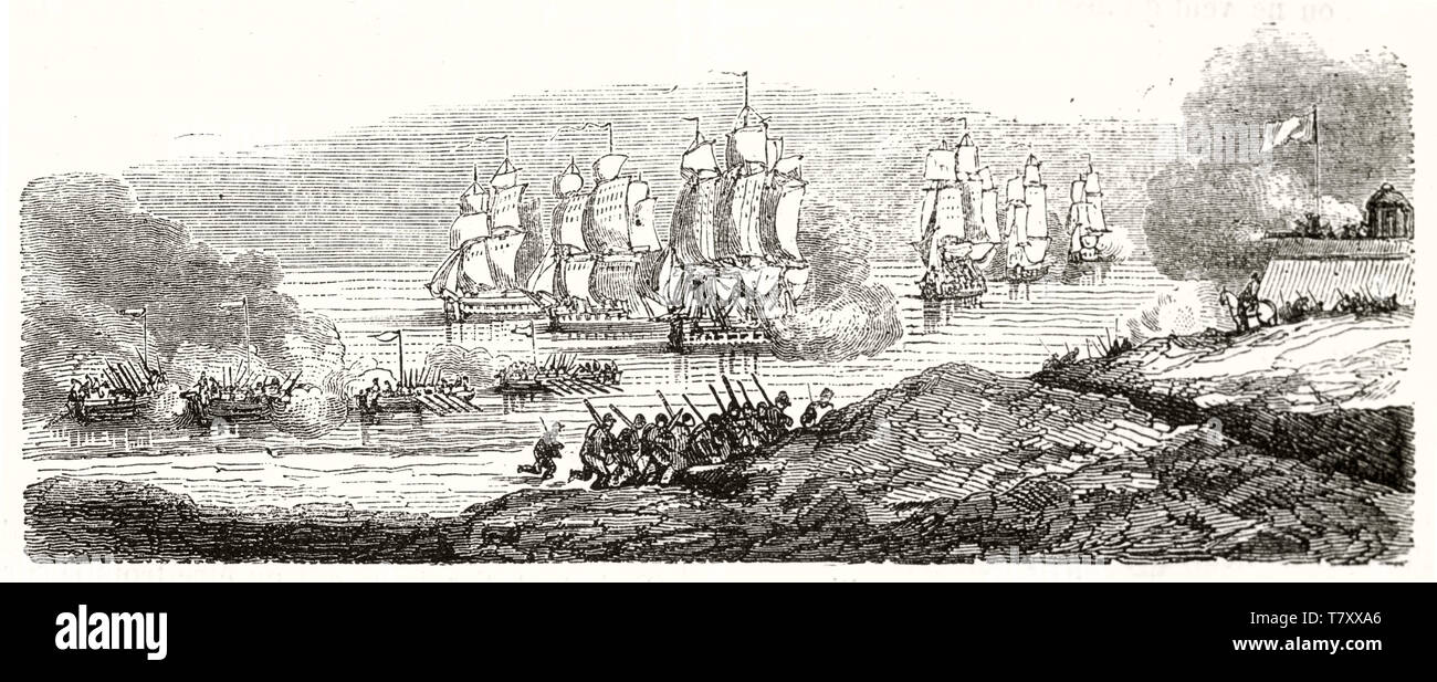 Troops landing by boats from the warships to invade a land. Old illustration depicting naval tactic (troops landing). By unidentified author publ. on Magasin Pittoresque Paris 1848 Stock Photo