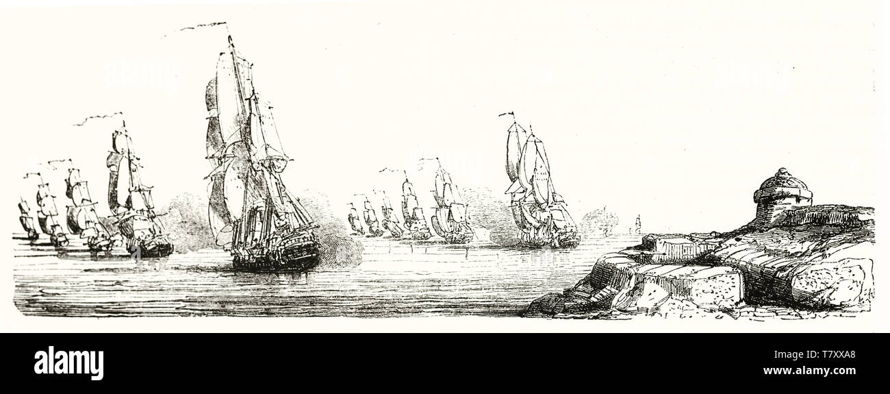 Group of warships approaching to a land. Old grayscale illustration ...