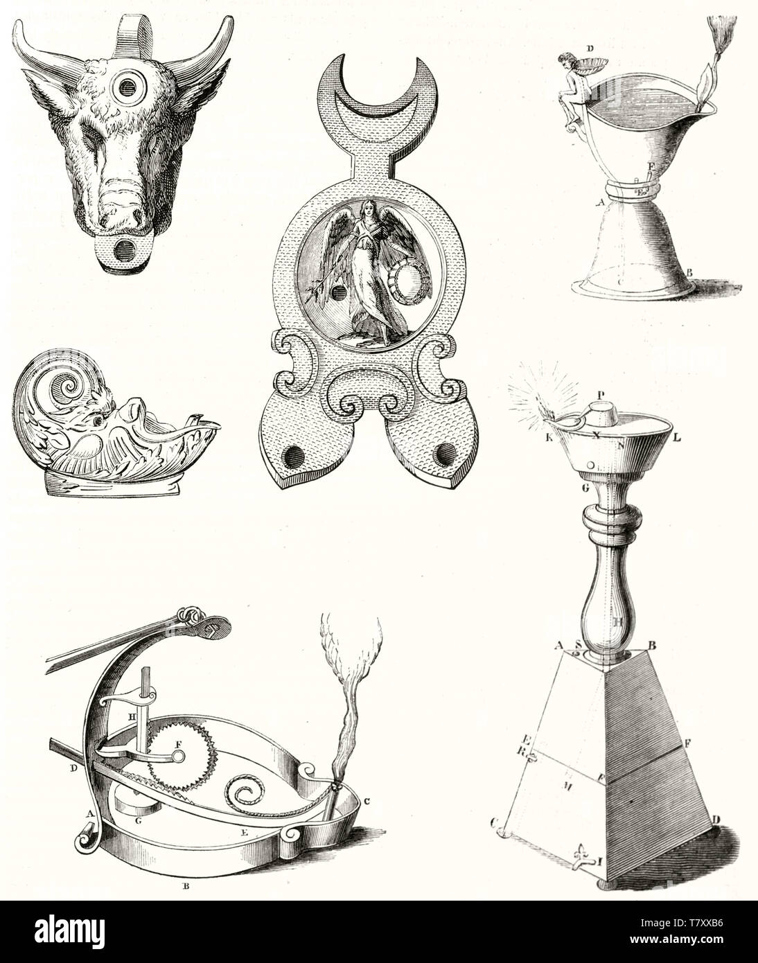 Set of isolated ancient oil lamps made with singular and artistic shapes like a bull head or moon. Old etching style illustration by unidentified author publ. on Magasin Pittoresque Paris 1848 Stock Photo