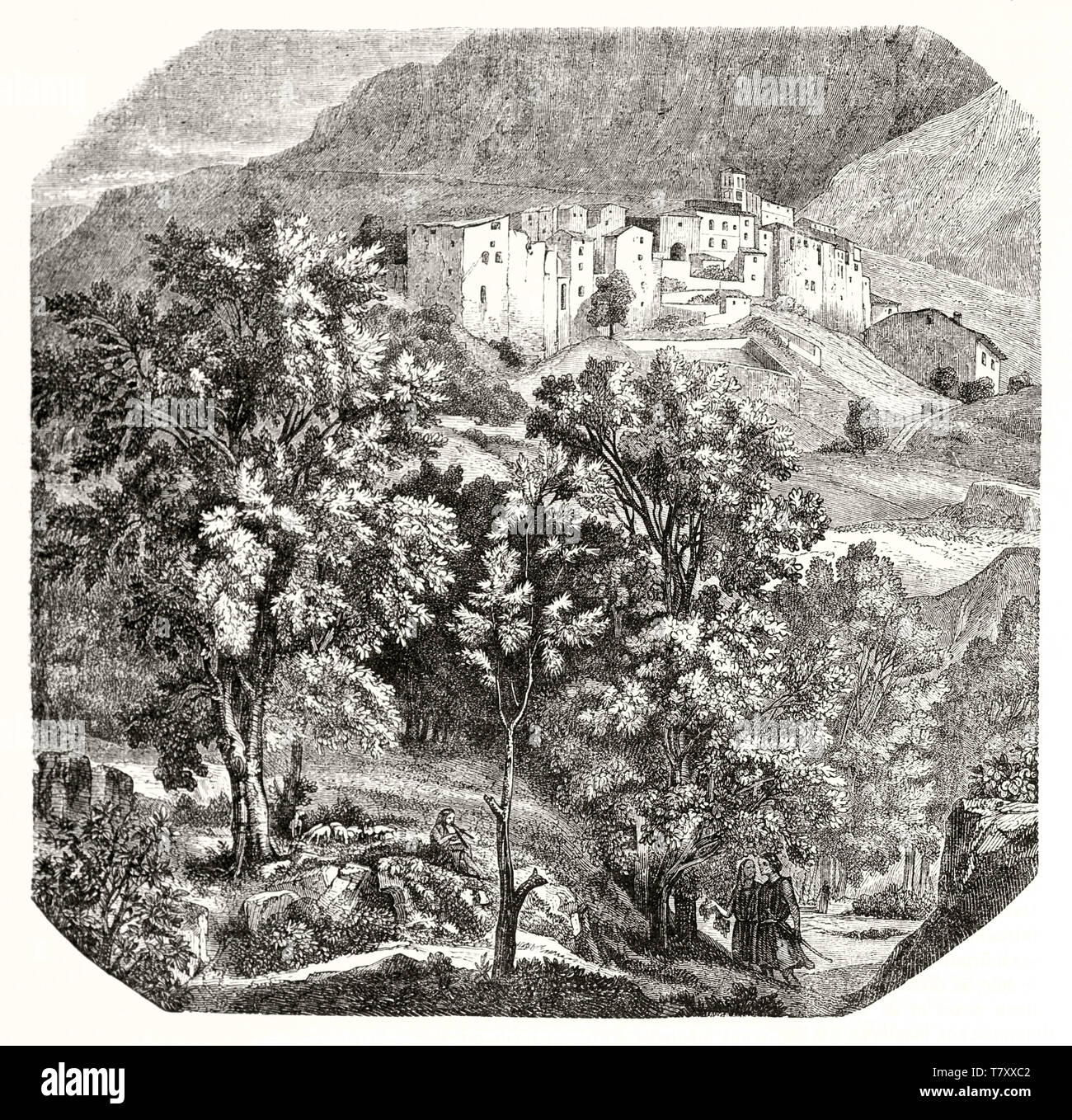 Ancient squared etching style illustration. Old view of Papigno, little stone medieval village on top of a hill surroundedby the nature, Italy. By Bellel publ. on Magasin Pittoresque Paris 1848 Stock Photo