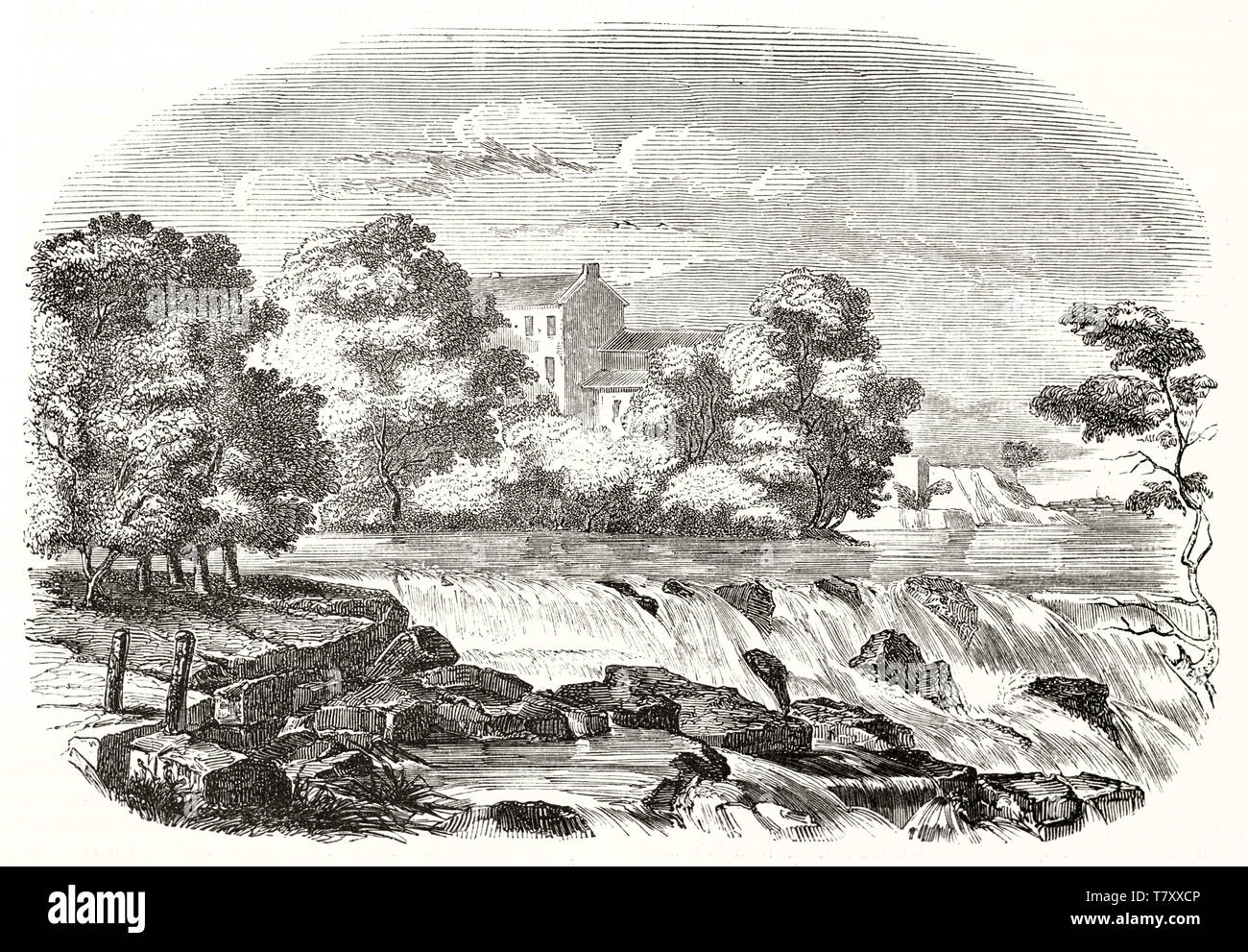 Low waterfalls in a wonderful natural landscape with lush vegetation and a country house. Old etching style illustration of Pontgibaud falls. By Denis  publ. on Magasin Pittoresque Paris 1848 Stock Photo