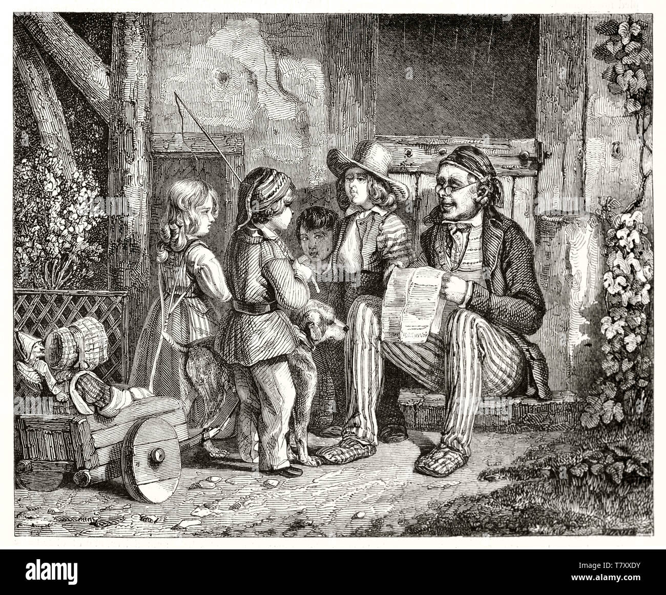 Old man reading news to children seated outdoor. Very detailed etching style illustration with a mirable hatching. By Charlet publ. on Magasin Pittoresque Paris 1848 Stock Photo