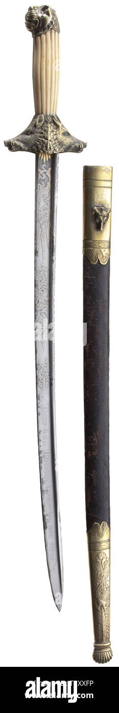 A French hunting sword, 2nd half of the 19th century Slightly curved, richly etched pipe-back blade with remains of gilding, made by 'P. Knecht in Solingen'. The lower half of the blade with scrolling foliage and trophy bundles, the upper half inscribed on both sides with the dedication 'Pons à  m. Viscount Somerton son élève, Fais ce que dois, Advienne que pourra.' The quillons shaped like two boar heads with remains of silver-plating, fluted ivory grip, also heavily worn lion head pommel. Leather scabbard with engraved brass mounts. Length 74 c, Additional-Rights-Clearance-Info-Not-Available Stock Photo