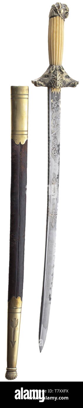 A French hunting sword, 2nd half of the 19th century Slightly curved, richly etched pipe-back blade with remains of gilding, made by 'P. Knecht in Solingen'. The lower half of the blade with scrolling foliage and trophy bundles, the upper half inscribed on both sides with the dedication 'Pons Ã  m. Viscount Somerton son élÃ¨ve, Fais ce que dois, Advienne que pourra.' The quillons shaped like two boar heads with remains of silver-plating, fluted ivory grip, also heavily worn lion head pommel. Leather scabbard with engraved brass mounts. Length 74 , Additional-Rights-Clearance-Info-Not-Available Stock Photo