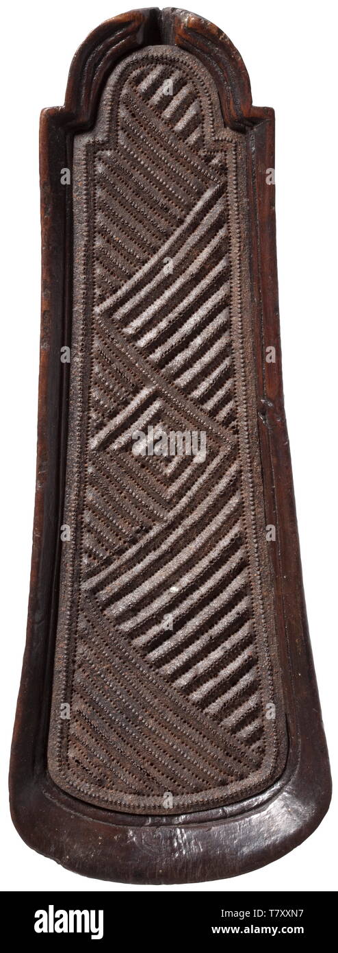A French tobacco grater, 18th century Wooden body with sieve-like iron  grater insert. The reverse side carved with floral patterns and inscribed  with 