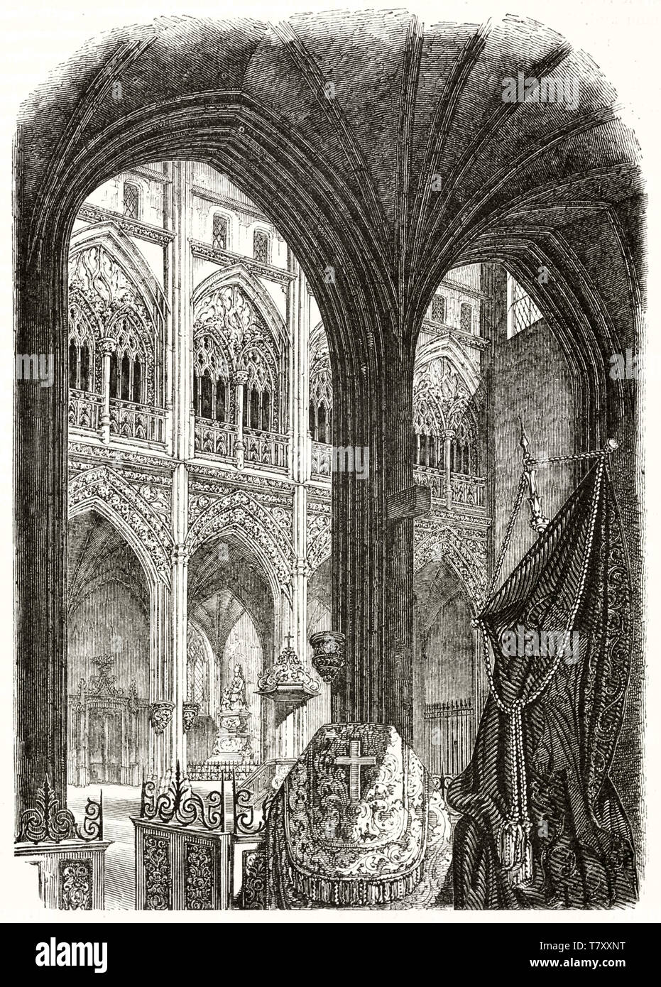 Detail of the view in an ancient gothic church with his pointed arches. Old engraving style illustration of Saint-Ouen church interior Pont-Audemer France. Magasin Pittoresque Paris 1848 Stock Photo