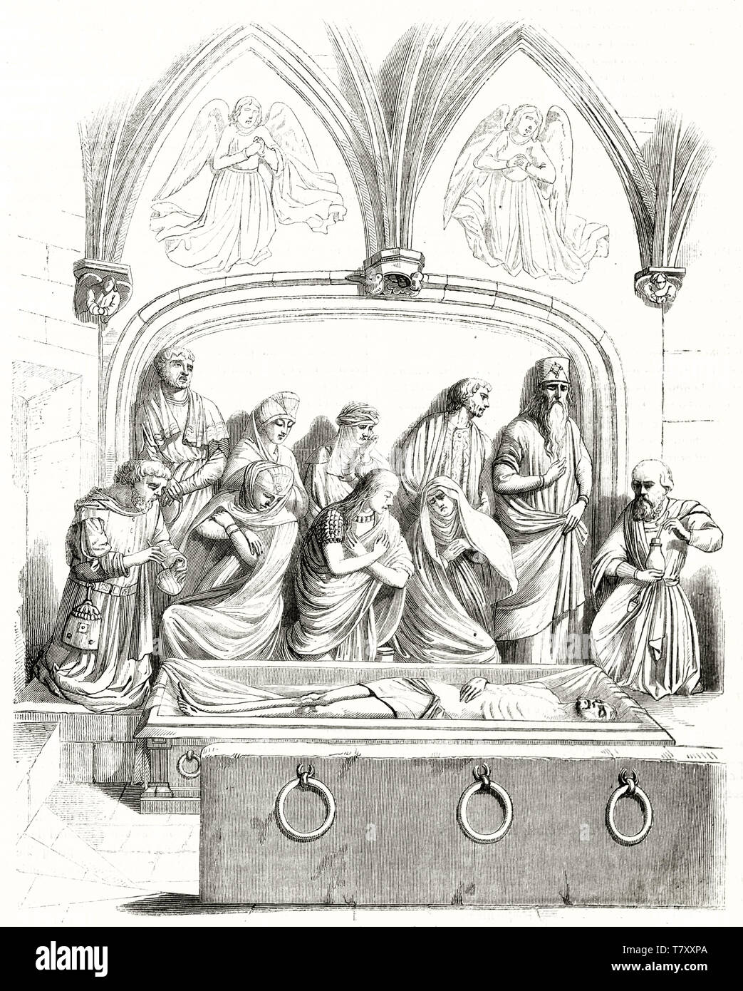 Ancient reproduction of the religious statues in St-Jean-Baptiste sepulcher in the homonym basilica in Chaumont France. By unidentified author publ. on Magasin Pittoresque Paris 1848 Stock Photo