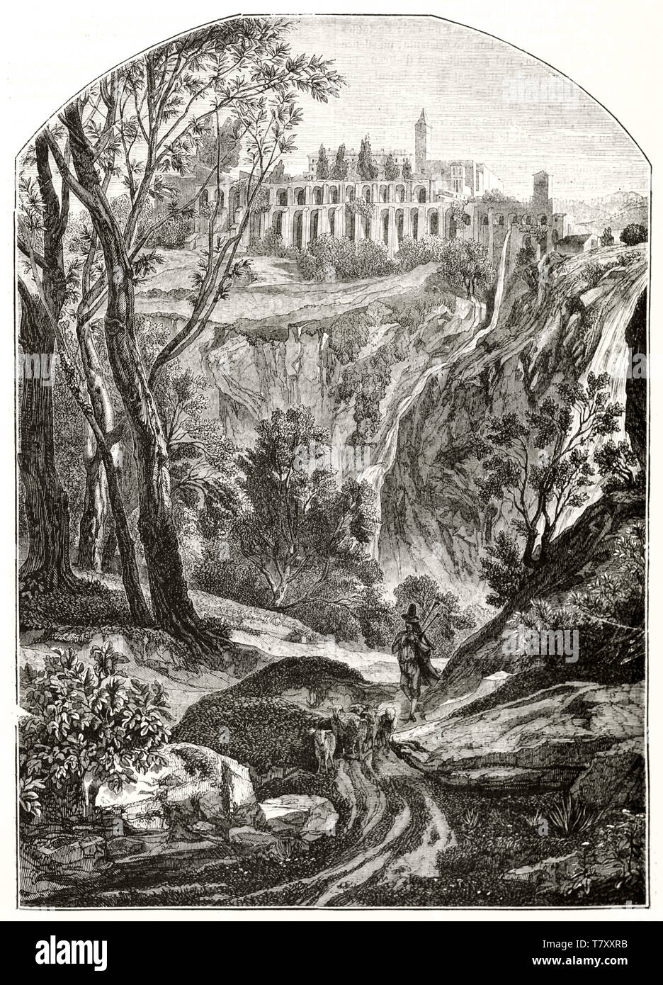 Villa Gregoriana and waterfalls Tivoli Italy in a wonderful natural landscape context in an ancient illustration magistrally made in etching style. By Bellel publ. on Magasin Pittoresque Paris 1848 Stock Photo