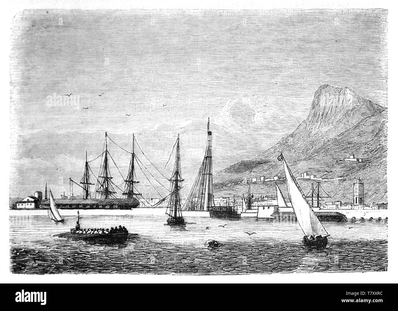 Ancient Toulon seaport viewed from the sea to the shoreline with the mountain on background. Ancient ships sayling and docked. By unidentified author publ. on Magasin Pittoresque Paris-1848 Stock Photo