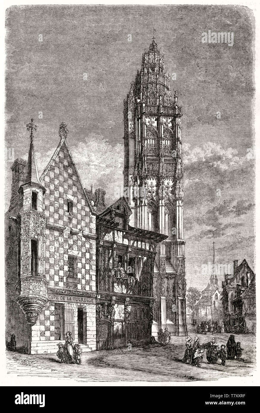 Ancient vertical foreshortening of the Tour de la Madeleine (Madeleine tower, Verneuil-sur-Avre France) in a medieval context. Etching illustration by Lancelot publ. on Magasin Pittoresque Paris 1848 Stock Photo
