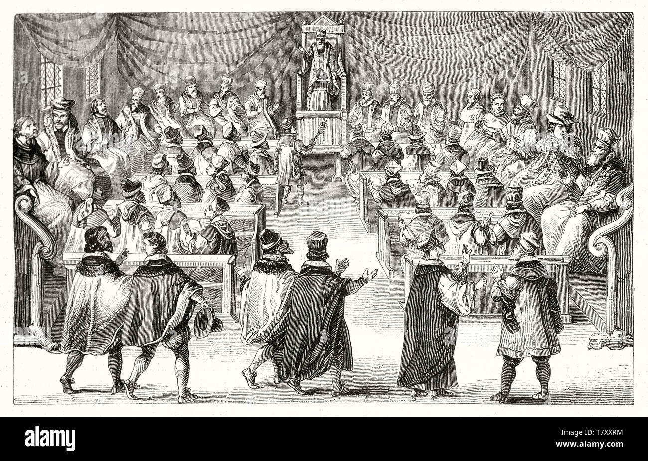 Overall view of an ancient university classroom during the ceremonial in University of Paris 17th century. After Crispin de Pas publ. on Magasin Pittoresque Paris 1848 University of Paris Stock Photo