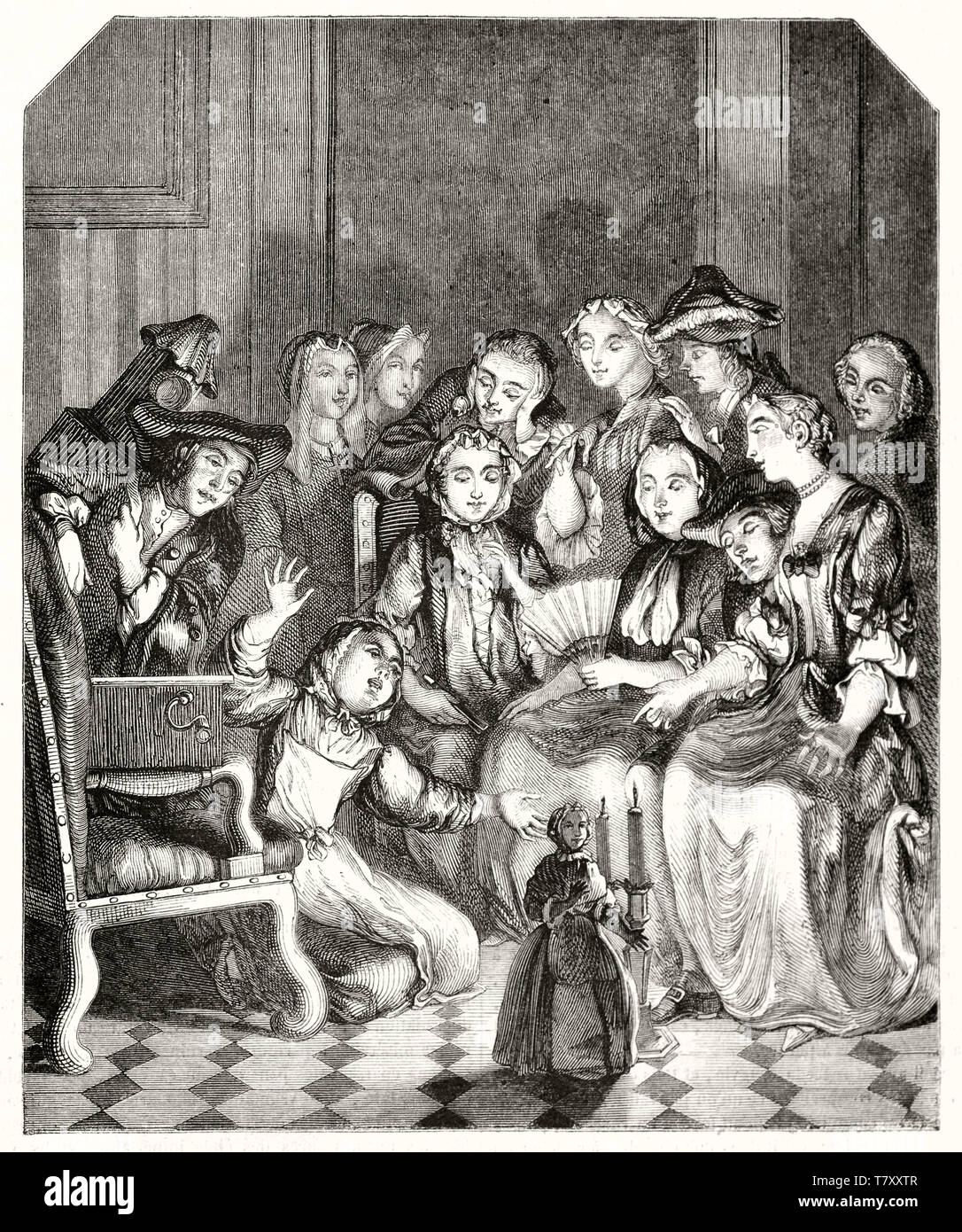 Group of ancient women admiring a clockwork mechanism doll indoor in a shadowy room with a small light. Old etching style illustration after Cochin publ. on Magasin Pittoresque Paris 1848 Stock Photo